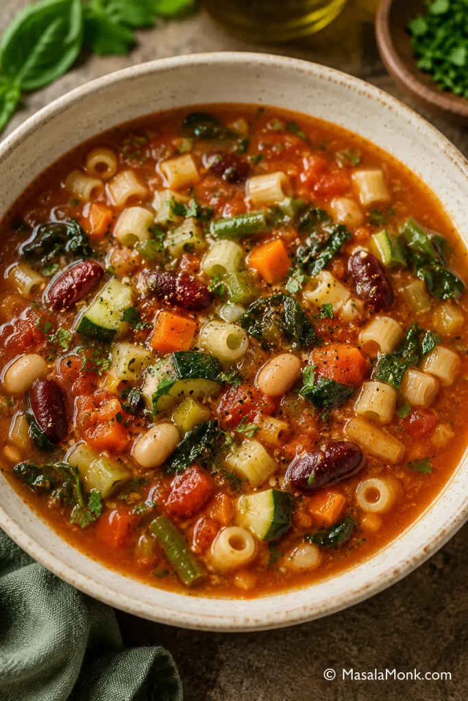 Close-up bowl of finished minestrone soup with tomato broth, white beans, kidney beans, pasta, carrots, zucchini, greens, and herbs.