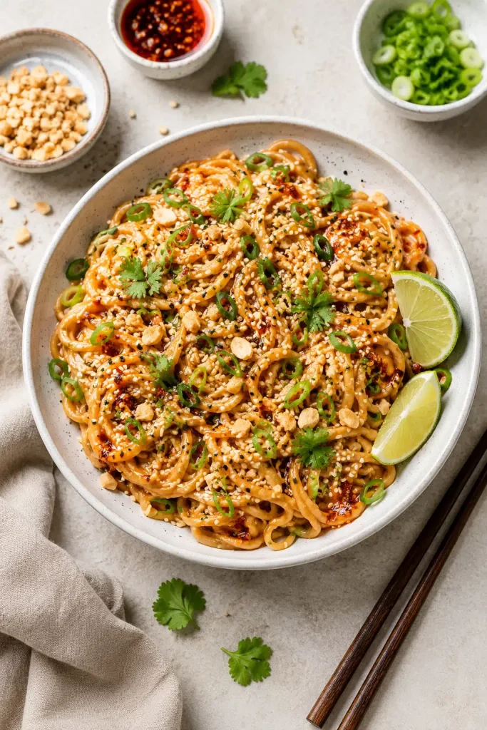 Finished peanut noodles topped with scallions, peanuts, sesame seeds, herbs, chili crisp, and lime