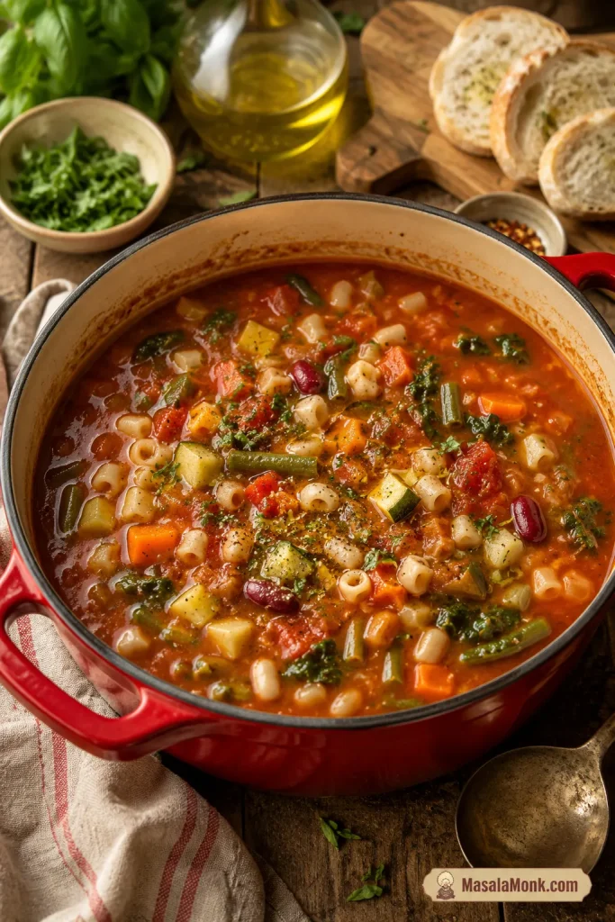 Finished pot of homemade minestrone soup with tomato broth, beans, pasta, carrots, zucchini, green beans, greens, herbs, and olive oil.