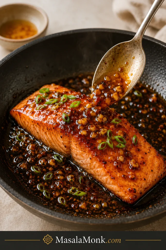 Finished honey garlic salmon in a skillet with reduced glossy sauce and scallion garnish.