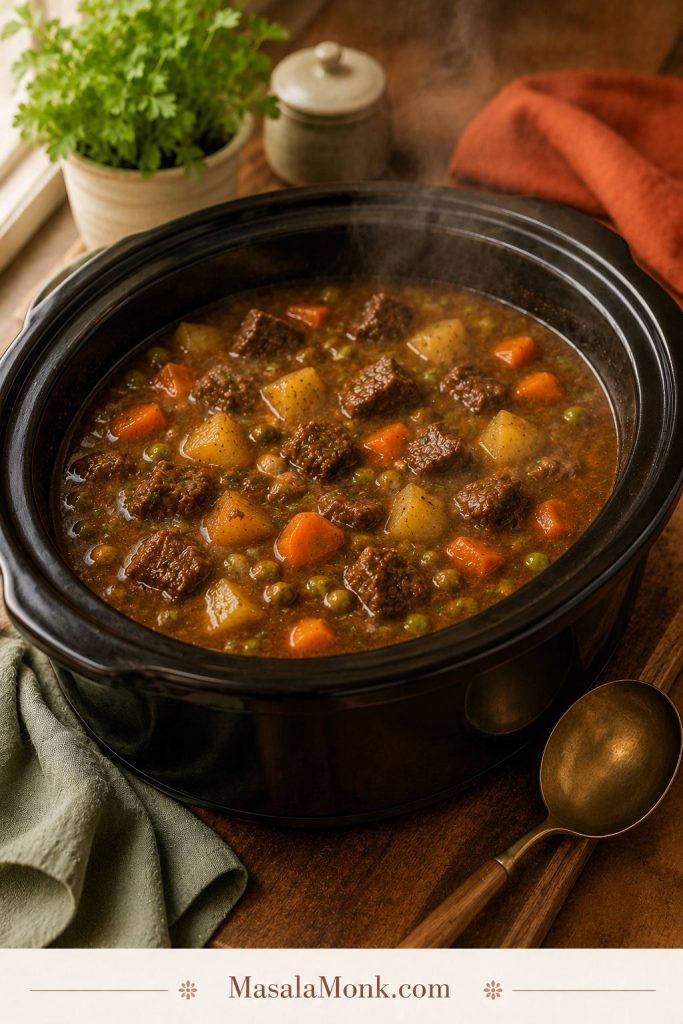 Finished beef stew in a dark slow cooker with a ladle, steam, beef chunks, potatoes, carrots, peas, and brown gravy.