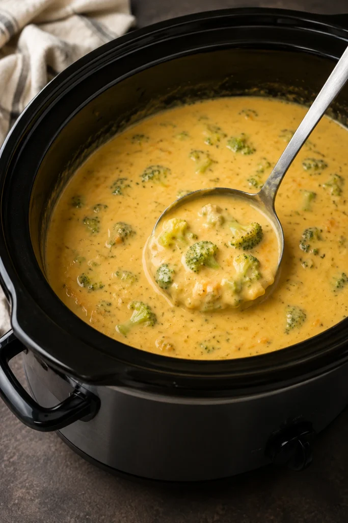 Finished broccoli cheese soup in a slow cooker with a creamy cheddar base, visible broccoli pieces, and a ladle in the pot.