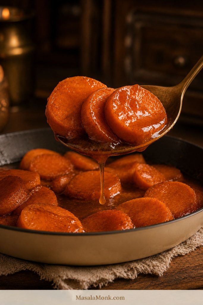 Spoon lifting stovetop candied yam slices from a dark skillet with thick syrup dripping back into the pan.