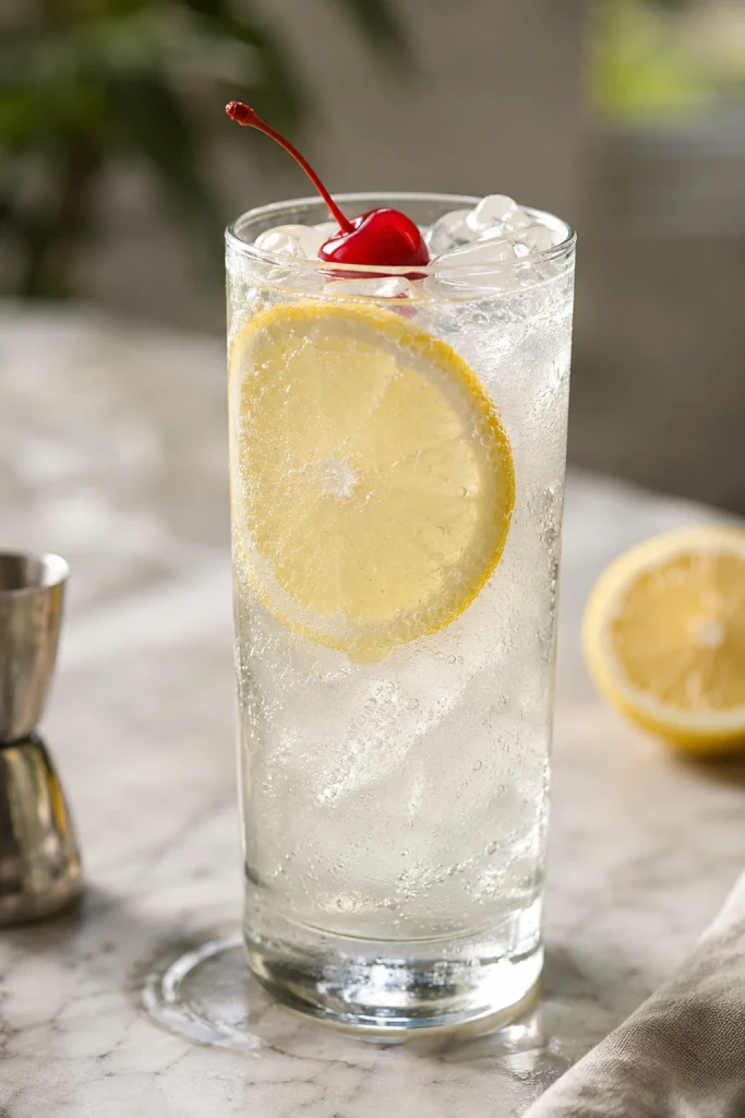 Finished Tom Collins cocktail in a tall glass with ice, bubbles, lemon slice, cherry, condensation, and a small wet ring on marble.