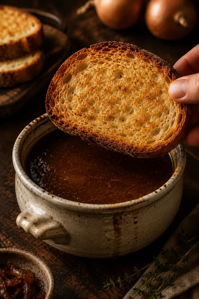 Firm toasted bread held above a bowl of French onion soup base to show size and texture.