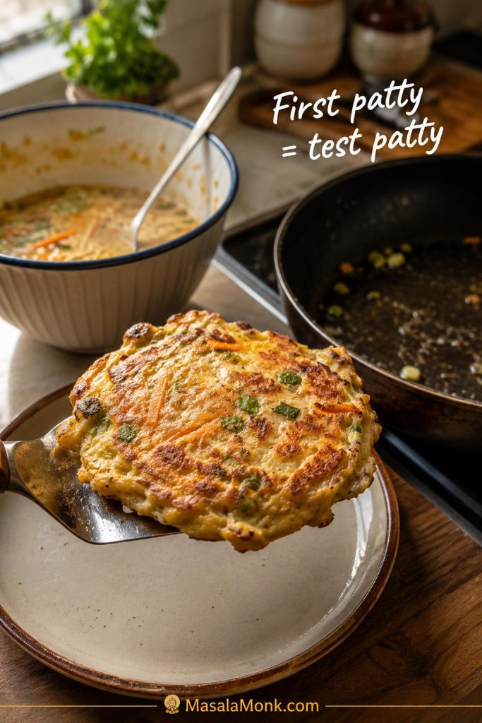 Slightly uneven first Egg Foo Young patty on a spatula beside a skillet and a bowl of batter.