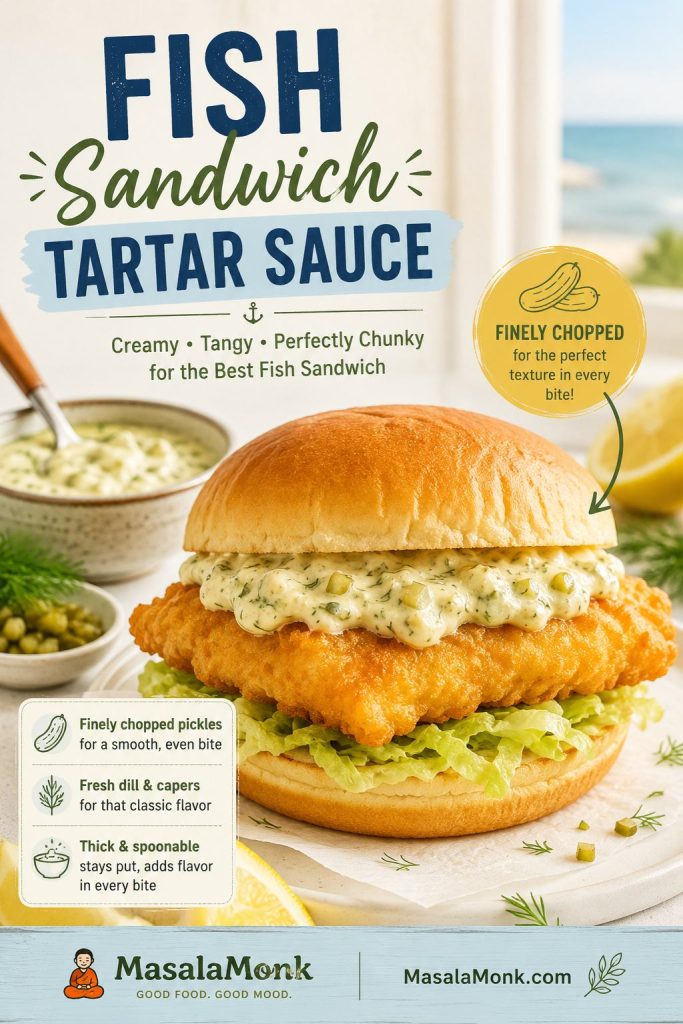 Fried fish sandwich with smooth tartar sauce spread, a crisp fish fillet, pickle flecks, herbs, and a soft bun