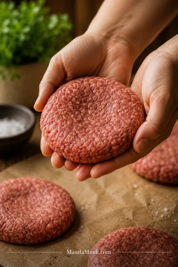 Two hands lifting a raw burger patty above parchment paper with other raw patties nearby.