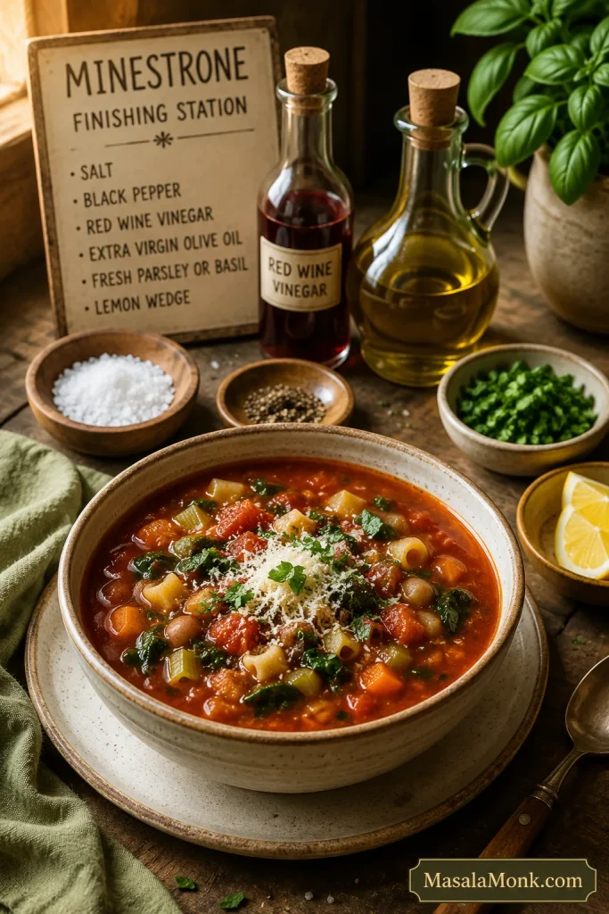 Bowl of minestrone soup beside salt, lemon wedge, red wine vinegar, olive oil, parsley or basil, and black pepper.