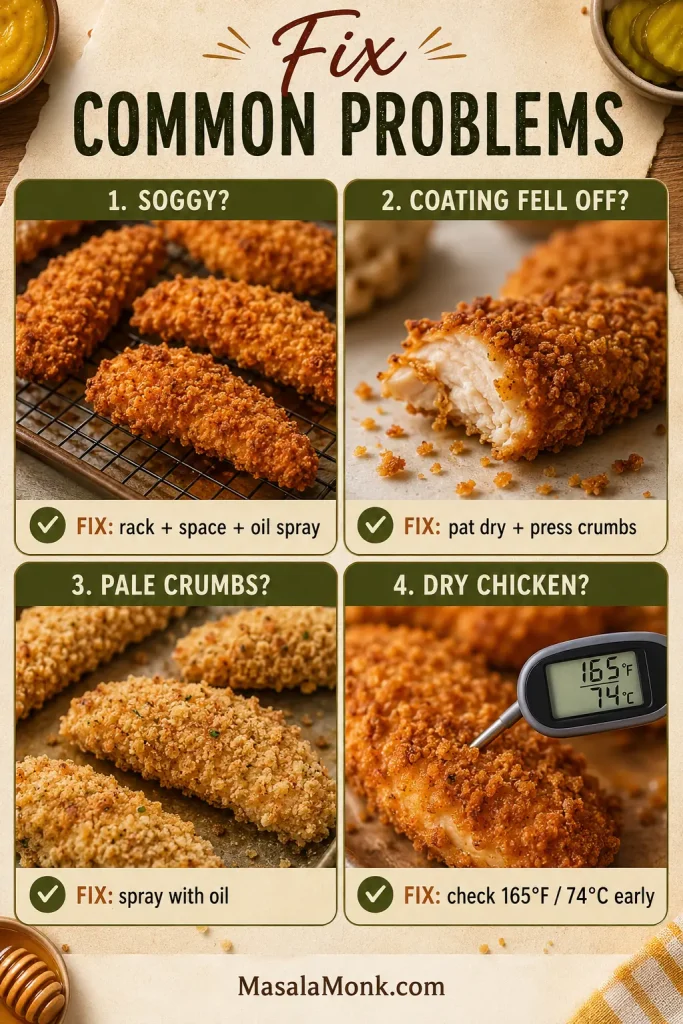 Troubleshooting board showing fixes for soggy chicken tenders, coating falling off, pale crumbs, and dry chicken with temperature guidance.