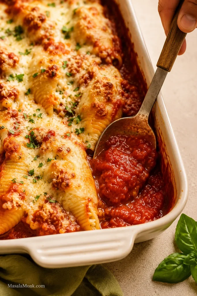 Extra marinara sauce being spooned around the edge of baked stuffed shells.