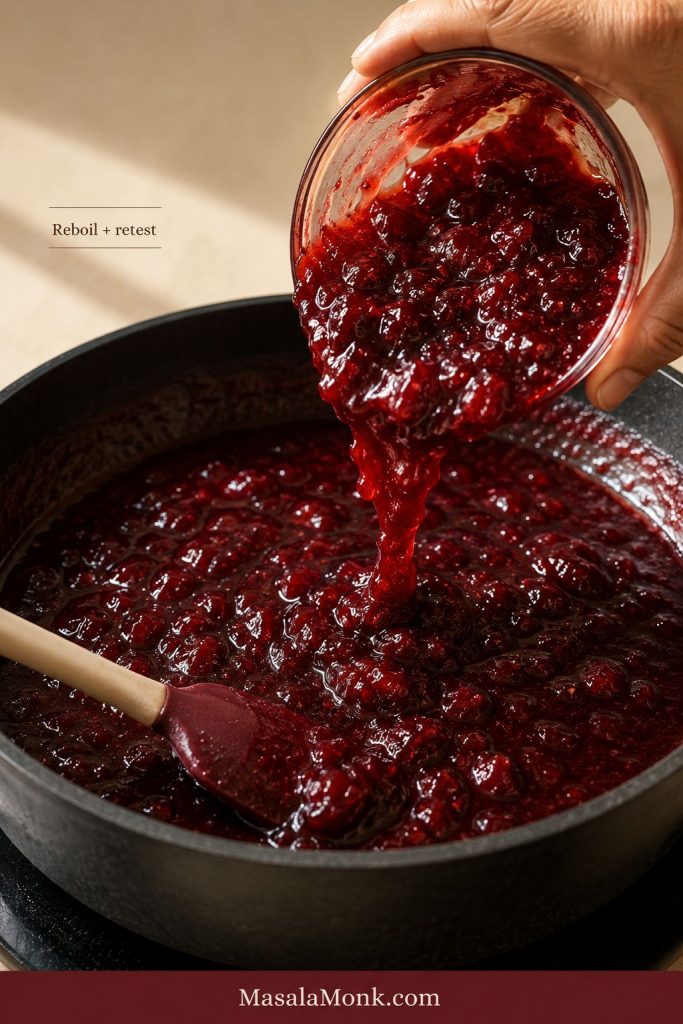 Runny cherry jam being poured from a jar into a wide dark pan with a spatula for reboiling.