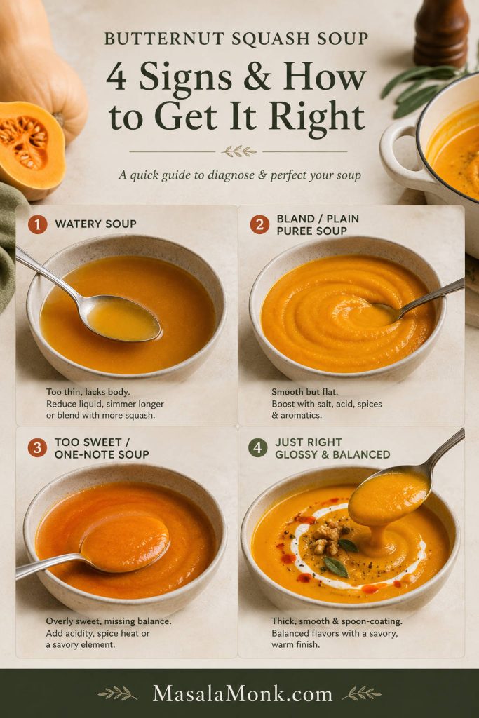 Four-panel comparison showing watery butternut squash soup, bland puree-style soup, overly sweet soup, and a thick glossy finished soup.