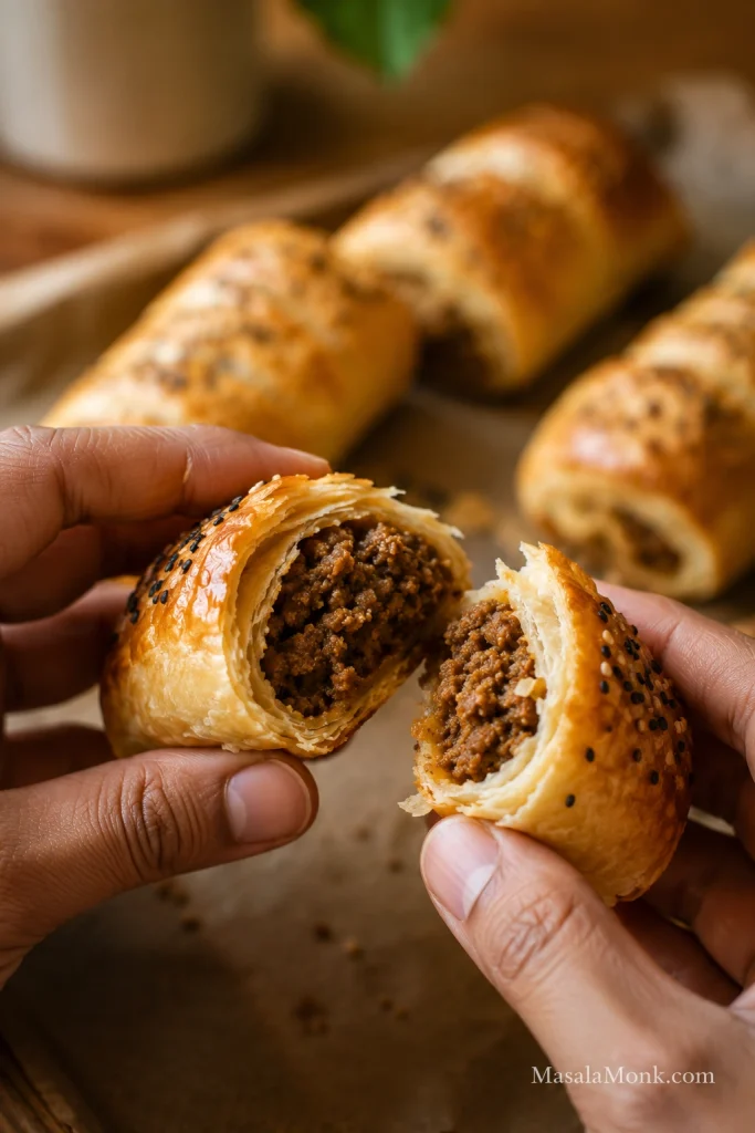 Hands holding a sausage roll broken open to show flaky puff pastry layers and cooked sausage filling.