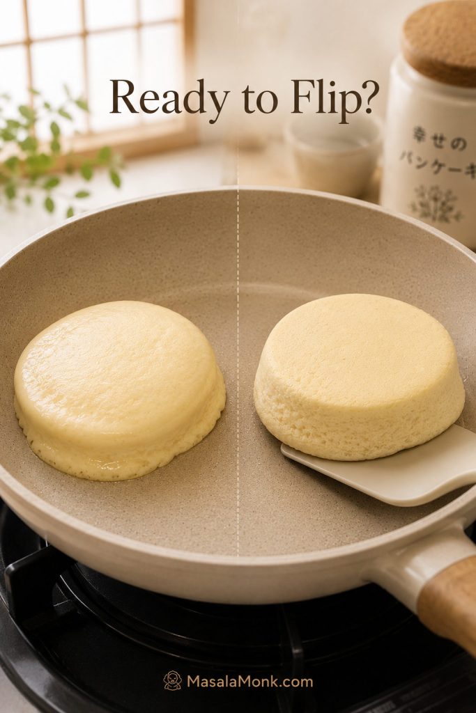 Two Japanese pancakes in a pan showing a glossy pancake that needs more time and a set pancake ready for a spatula.