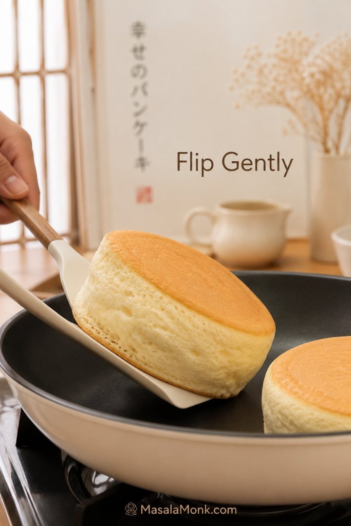 A tall Japanese soufflé pancake being lifted gently with a thin spatula in a pan.