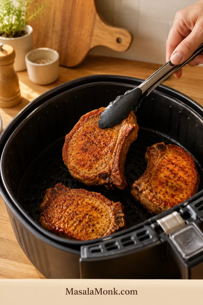 Tongs lift a browned pork chop from an air fryer basket while other pork chops cook nearby.