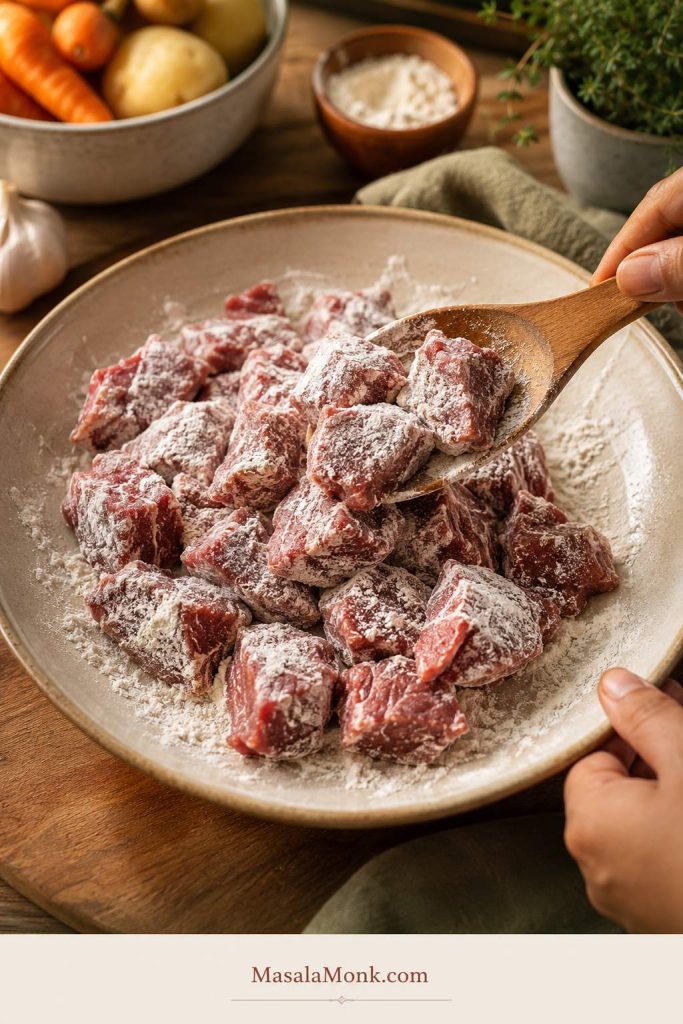 Raw beef chunks lightly coated with flour in a shallow bowl on a kitchen counter.