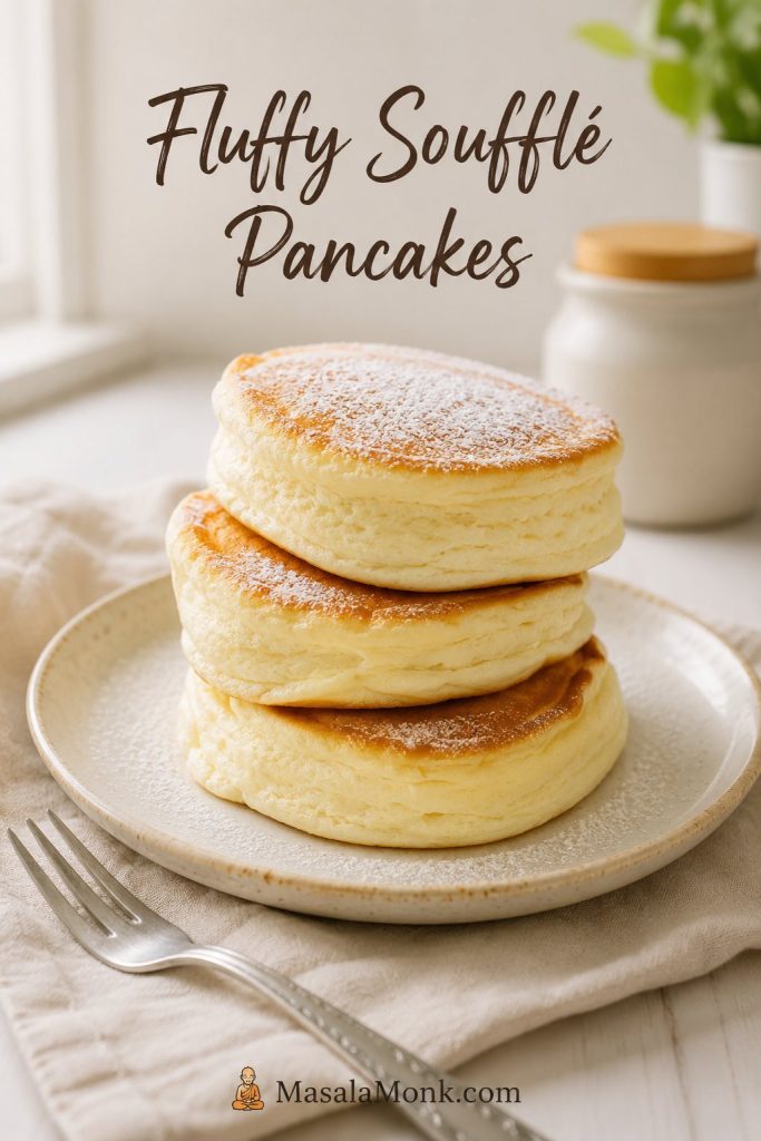 Homemade fluffy Japanese soufflé pancakes stacked on a plate with powdered sugar and a fork nearby.