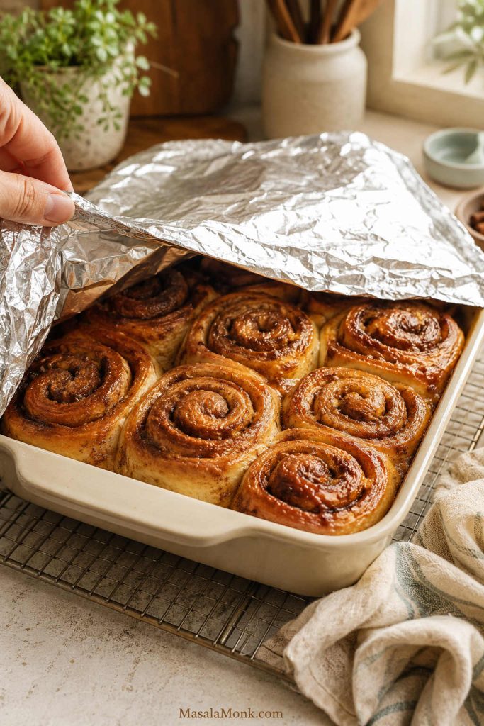 Cinnamon rolls tented with foil when tops brown before the center is done