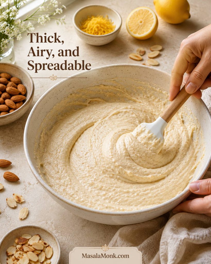 Final almond cake batter being folded with a spatula until thick, airy, and spreadable.