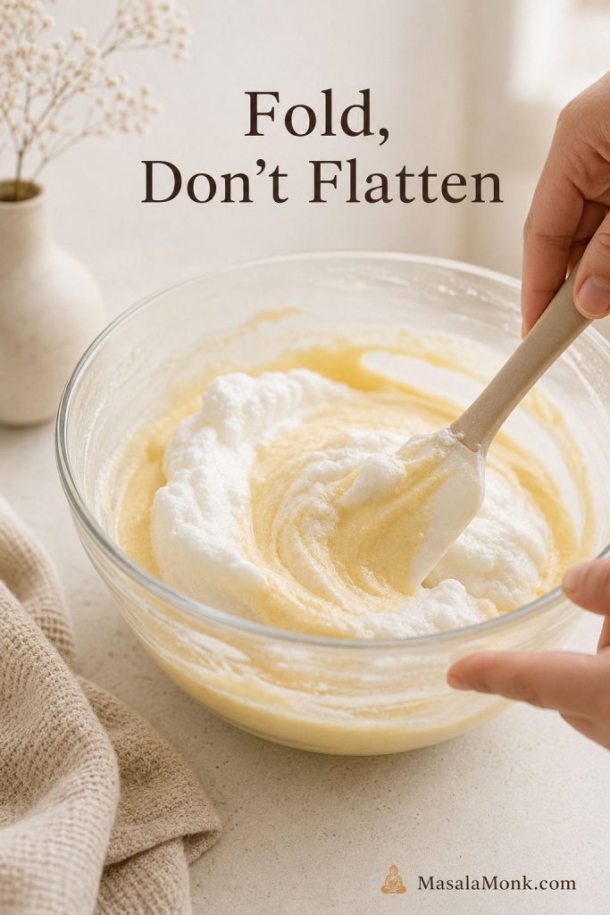 A spatula gently folding whipped meringue into Japanese pancake batter in a glass bowl.