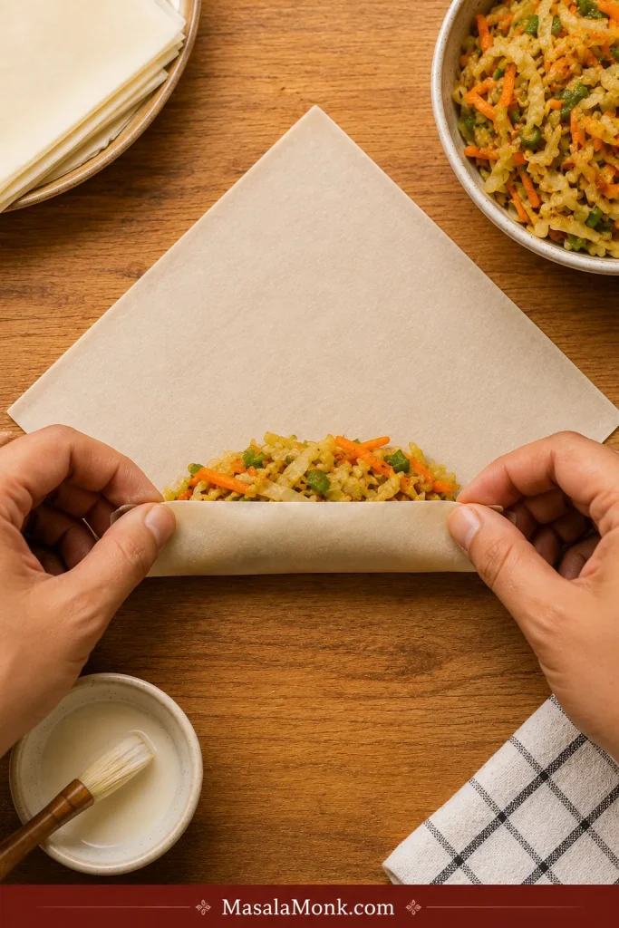 Hands folding the bottom corner of a spring roll wrapper over the vegetable filling.