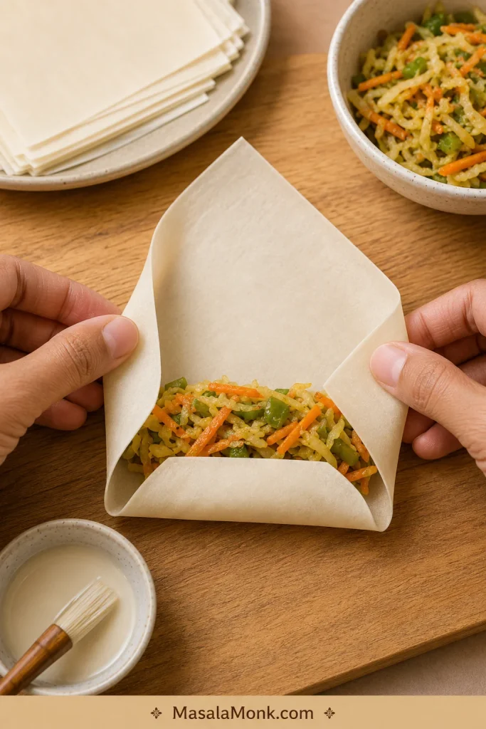 Hands folding the side corners of a spring roll wrapper inward over the filling.