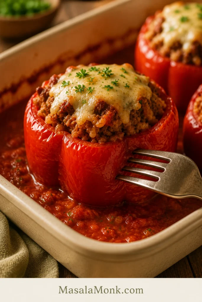 Fork piercing the side of a baked stuffed red pepper with melted cheese, beef filling, and tomato sauce