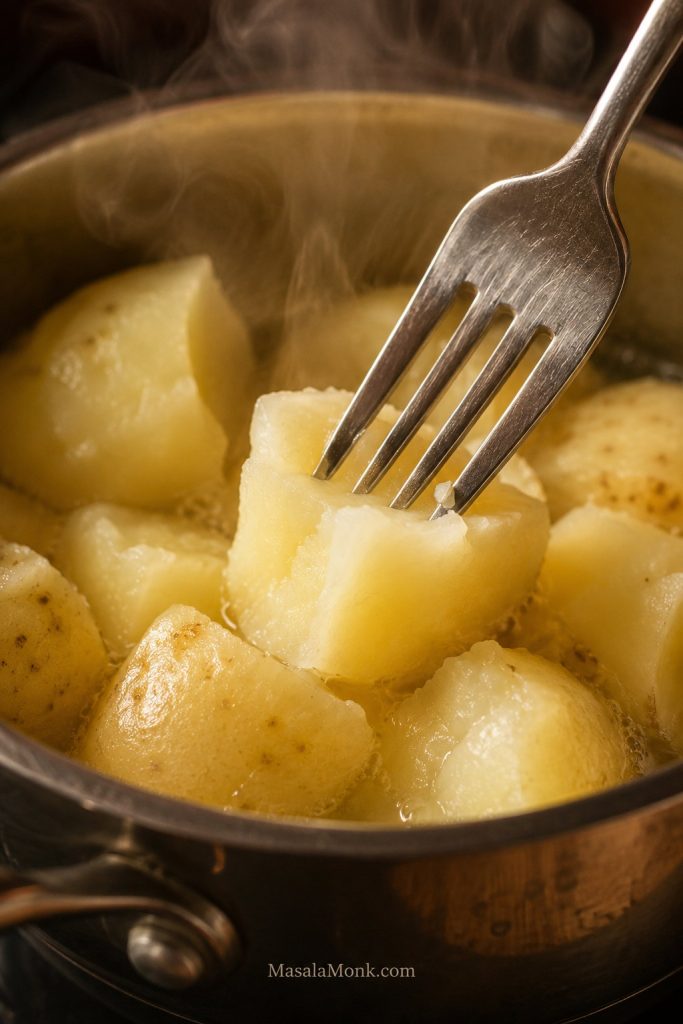 Fork sliding into a tender boiled potato chunk with steam rising from the pot.