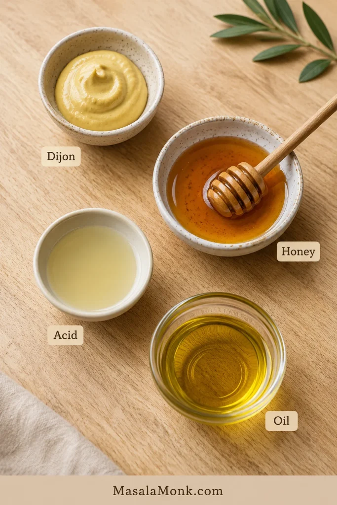 Four core ingredients for honey mustard dressing shown in bowls: Dijon mustard, honey, vinegar or lemon juice, and olive oil.