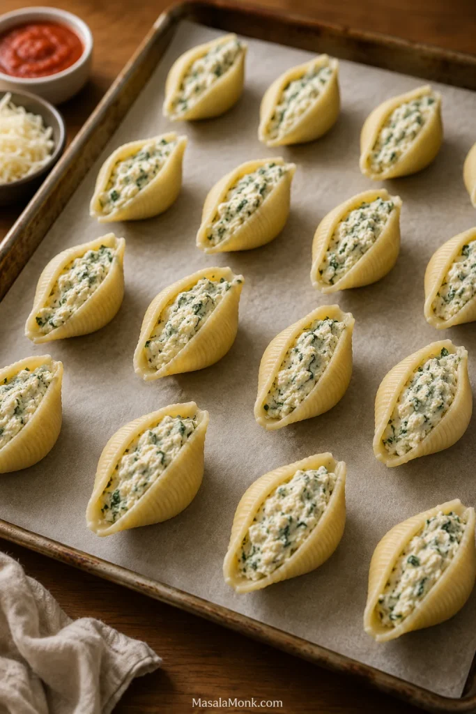 Ricotta-filled jumbo pasta shells spaced apart on a parchment-lined tray before freezing.