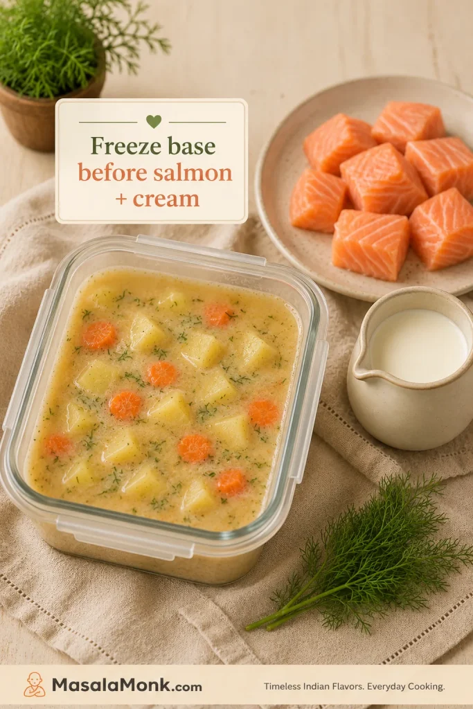 Potato and broth base for salmon soup stored in a container, with raw salmon chunks and cream kept separately.