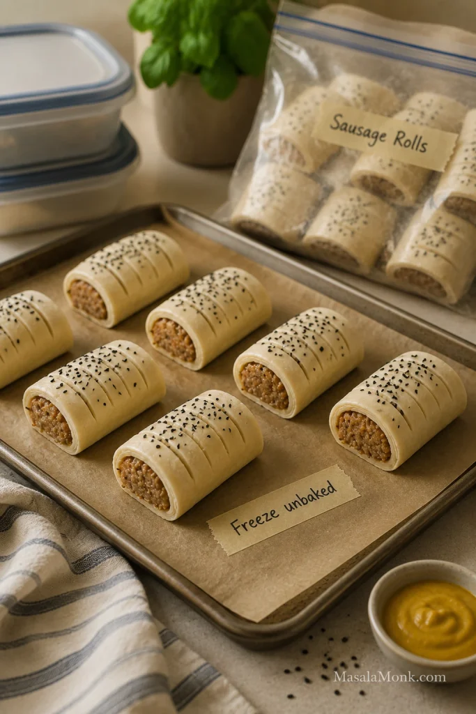 Unbaked sausage rolls on a parchment-lined tray beside a freezer bag labeled for sausage rolls.