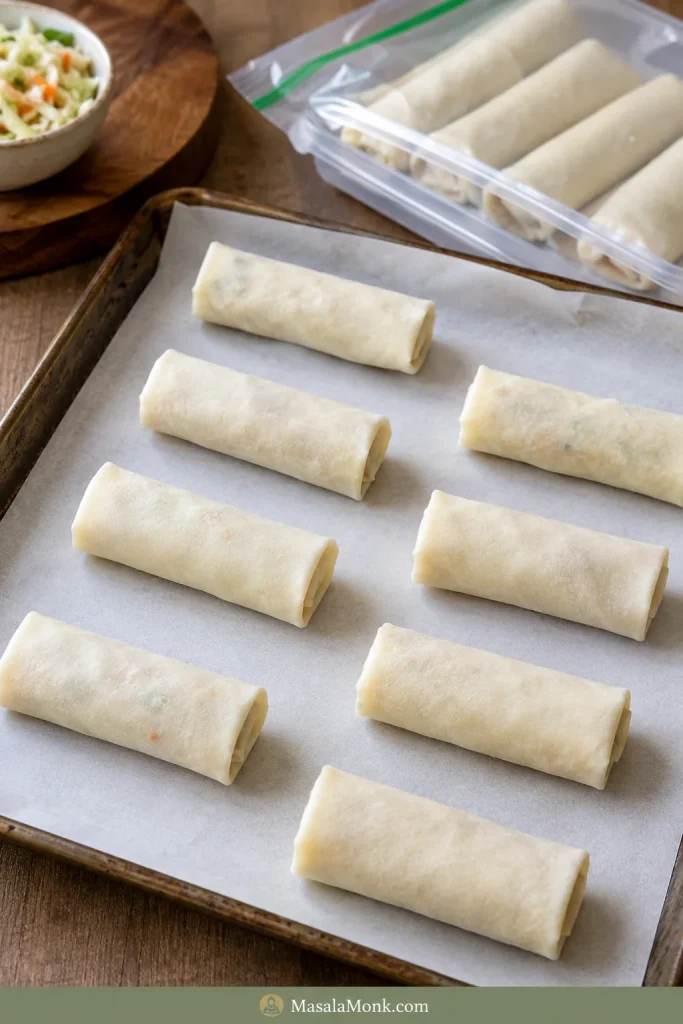 Uncooked spring rolls spaced apart on a parchment-lined tray with a freezer-safe container nearby.