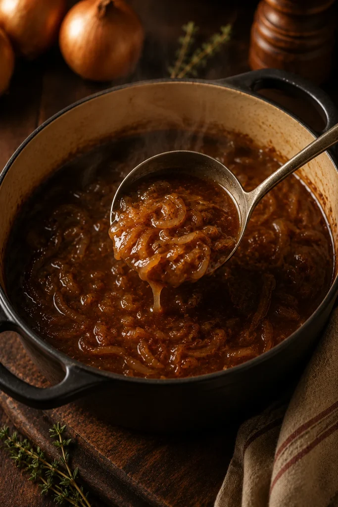 Finished French onion soup base with caramelized onions and dark broth in a pot before adding bread and cheese.