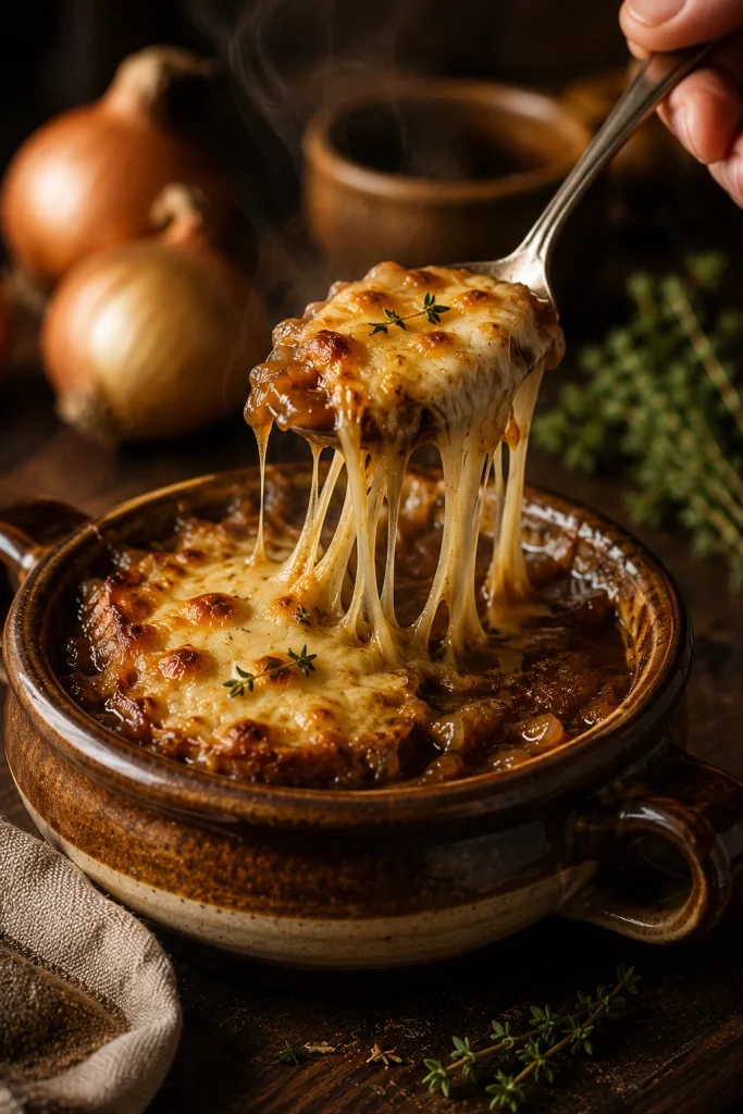 Spoon lifting French onion soup with melted cheese stretching from toasted bread.