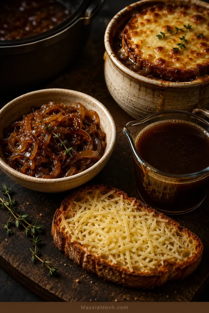 Caramelized onions, dark broth, toasted bread, cheese, and French onion soup arranged on a rustic table.