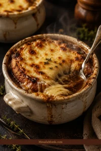 Classic French onion soup in a ceramic bowl with bubbling browned cheese, toasted bread, and dark onion broth.
