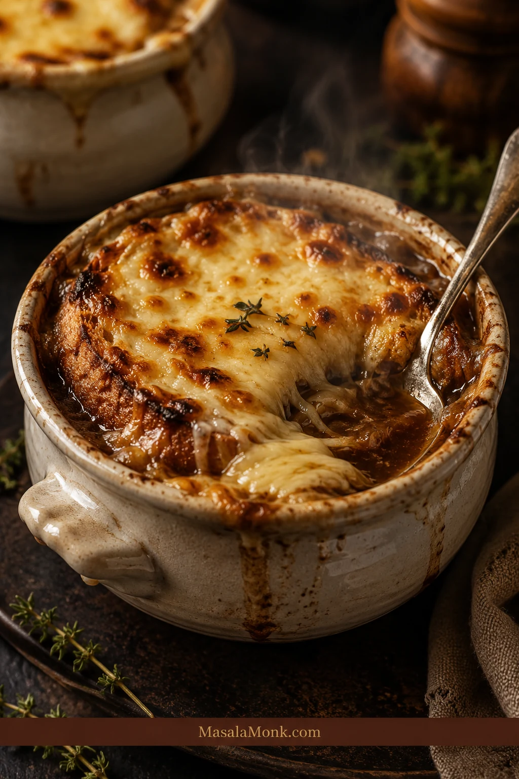 Classic French onion soup in a ceramic bowl with bubbling browned cheese, toasted bread, and dark onion broth.