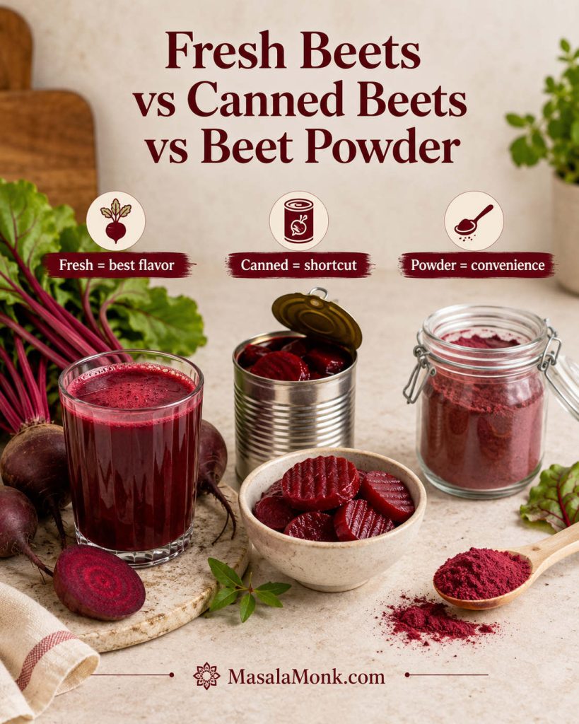 Comparison of fresh beets with beet juice, canned beets in a can and bowl, and beet powder in a jar and wooden spoon.