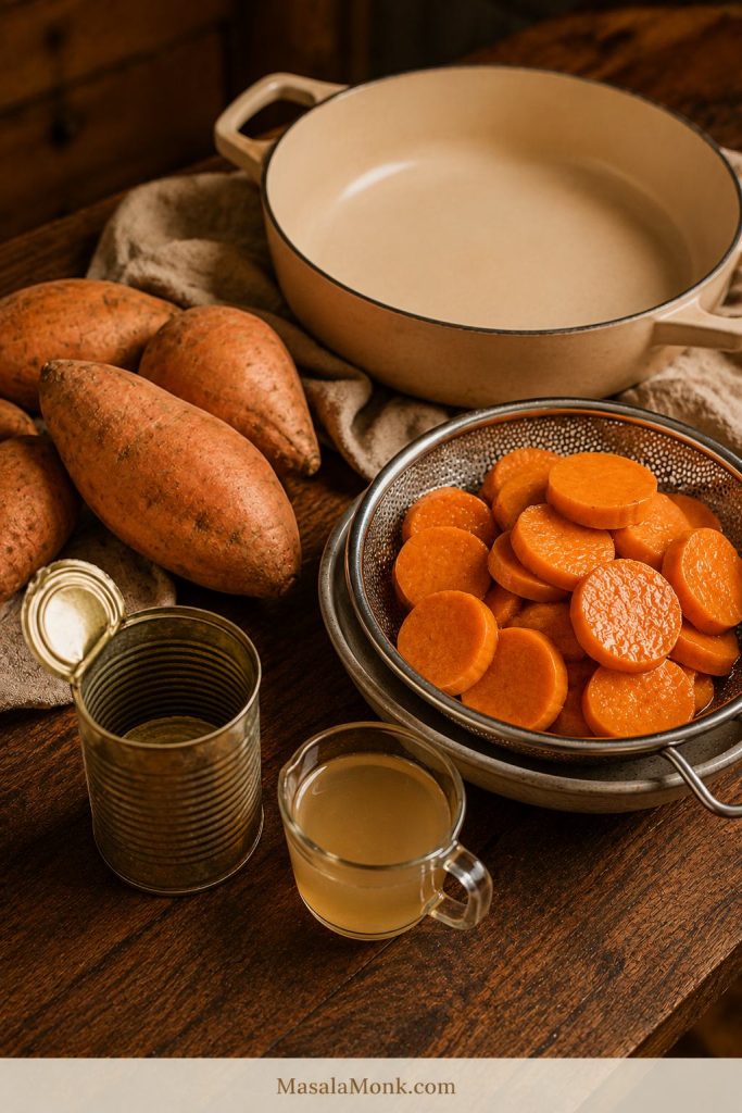 Fresh sweet potatoes, drained canned yams, an opened unbranded can, and a Dutch oven arranged on a warm kitchen counter.
