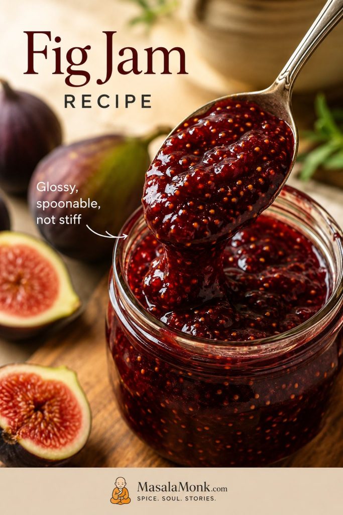 Close-up spoonful of glossy fresh fig jam with visible fig seeds and soft fruit pieces.