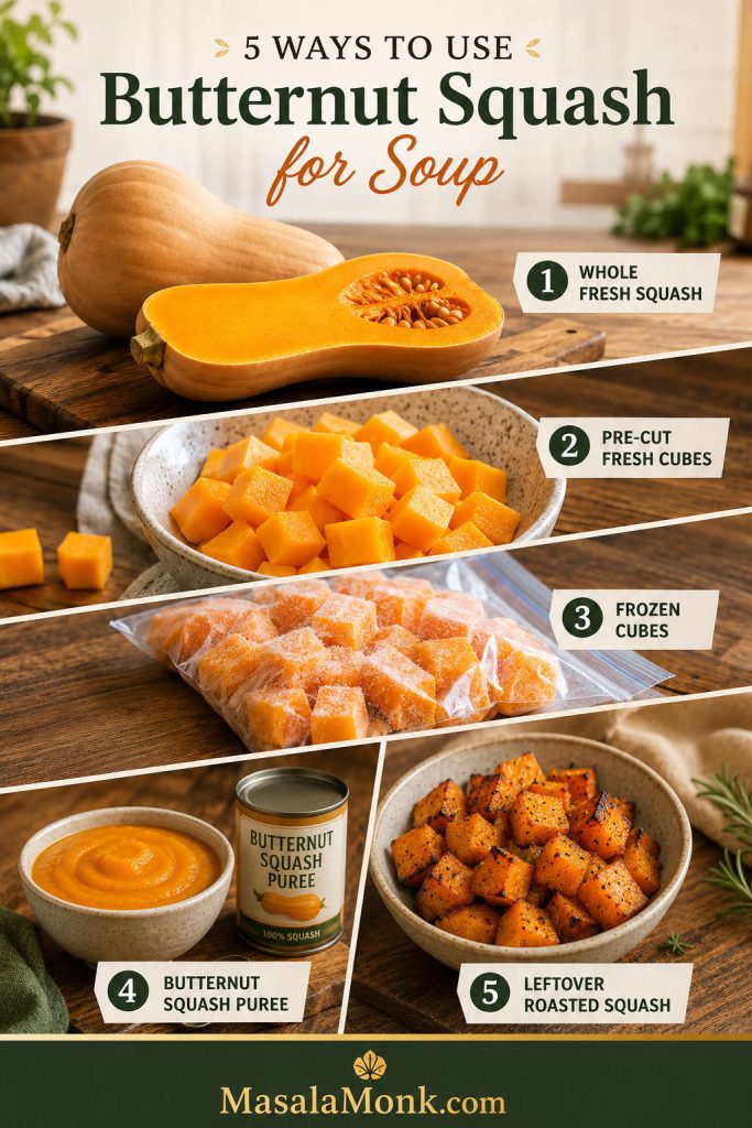 Guide showing whole fresh butternut squash, pre-cut squash cubes, frozen squash cubes, butternut squash puree, and leftover roasted squash.