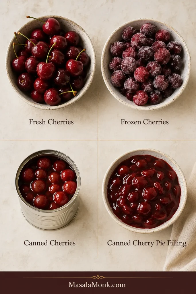 Four-part comparison showing fresh cherries, frozen cherries, canned cherries, and canned cherry pie filling arranged in separate bowls.
