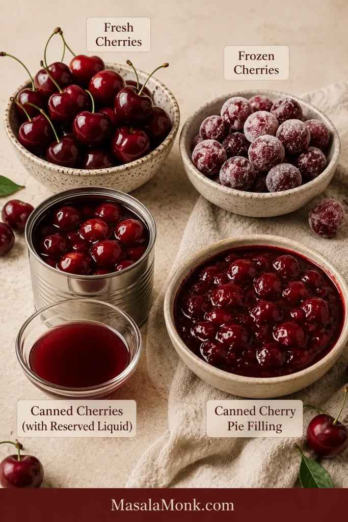 Fresh cherries, frozen cherries, canned cherries with liquid, and canned cherry pie filling shown as options for making cherry filling.