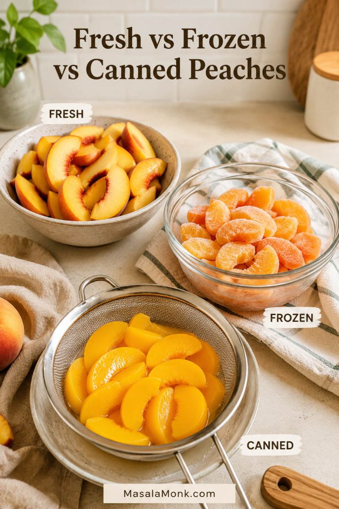 Fresh sliced peaches, thawed frozen peaches, and drained canned peaches prepared in separate kitchen bowls for peach cobbler.