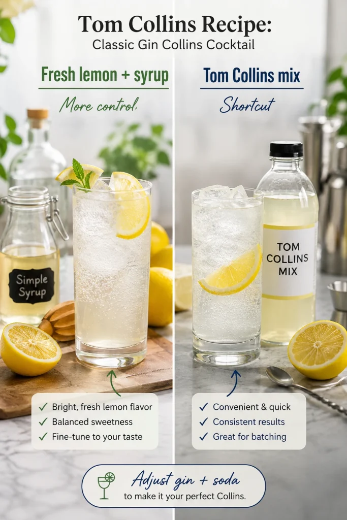 Fresh lemon and simple syrup compared with Tom Collins mix, showing two tall cocktails, lemons, a syrup jar, a generic mix bottle, and comparison notes.