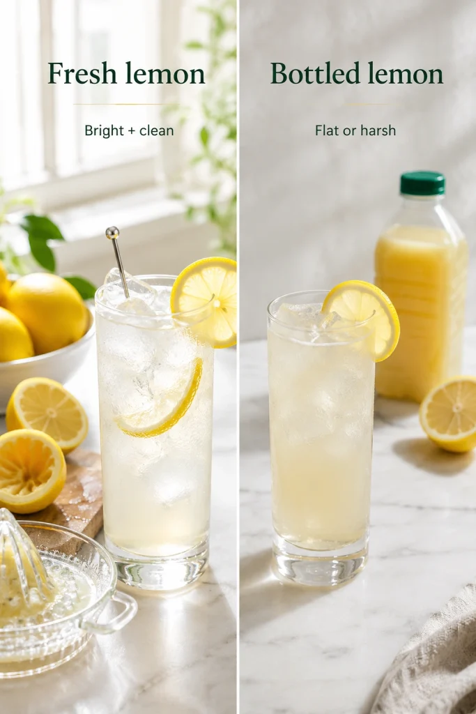 Split comparison of fresh lemon juice and bottled lemon juice for a Tom Collins, with fresh lemons, a juicer, bottled lemon juice, and two cocktails.