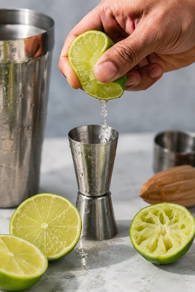 A hand squeezing fresh lime juice into a metal jigger beside lime halves, a cocktail shaker, and bar tools.